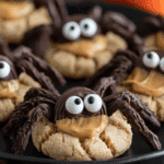 Easy Peanut Butter Spider Cookies decorated with chocolate candy eyes and chocolate legs on a dark plate.