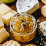 A jar of Apple Thyme Jam garnished with fresh thyme, surrounded by cheese cubes, crackers, and herbs on a charcuterie board.