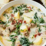 A bowl of Zuppa Toscana Soup filled with sausage, potatoes, kale, bacon, and creamy broth, served with bread.