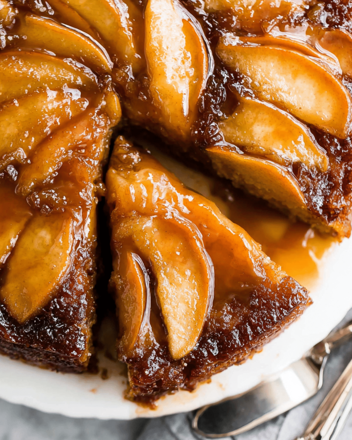 Caramel apple upside-down cake with glossy caramelized apple slices arranged on top, and a slice being served from the whole cake.