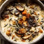 A bowl of creamy wild rice chicken soup filled with roasted mushrooms, vegetables, herbs, and chunks of chicken in a thick, comforting broth.