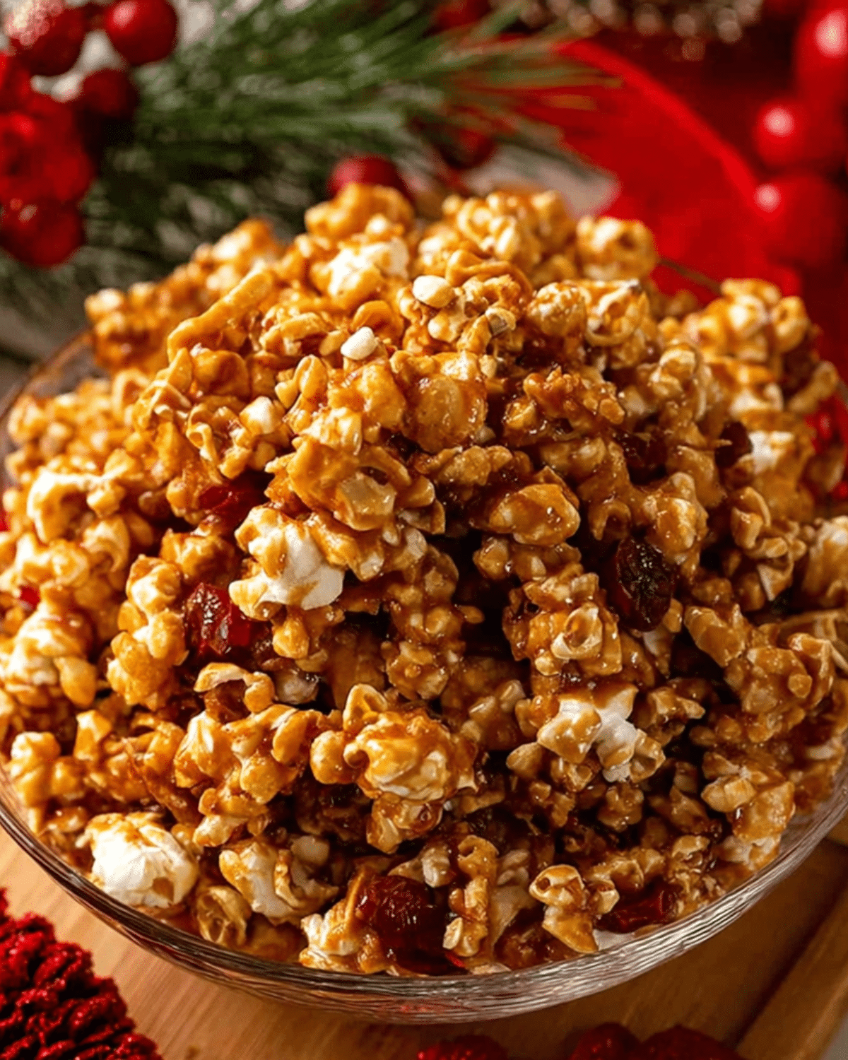 A festive bowl of Christmas Popcorn Candy coated in caramel with dried cranberries.