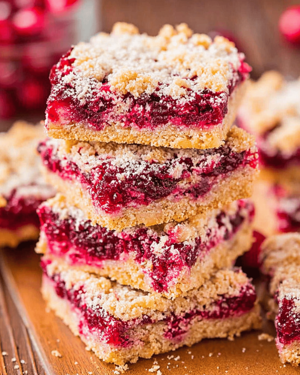 Stack of cranberry bars with a crumbly topping and vibrant red cranberry filling on a wooden surface.