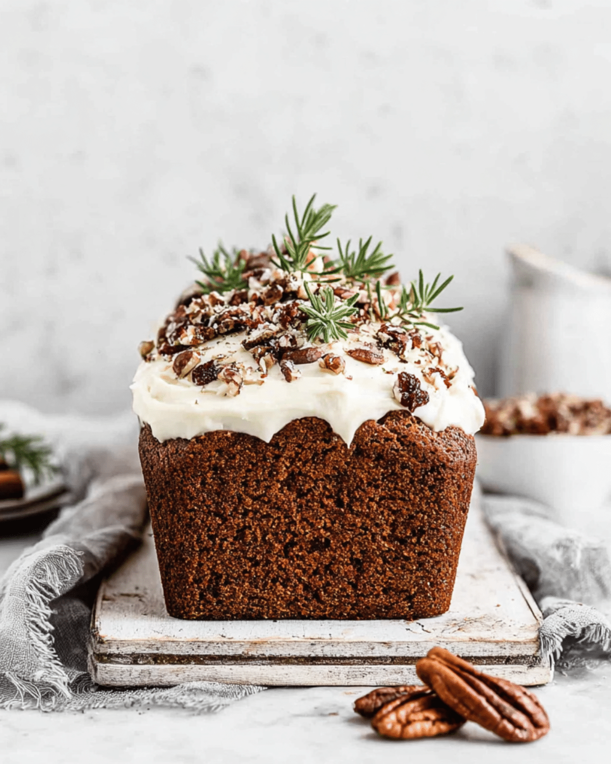 Gingerbread loaf with white frosting, topped with chopped pecans, cranberries, and rosemary sprigs, on a rustic white board.