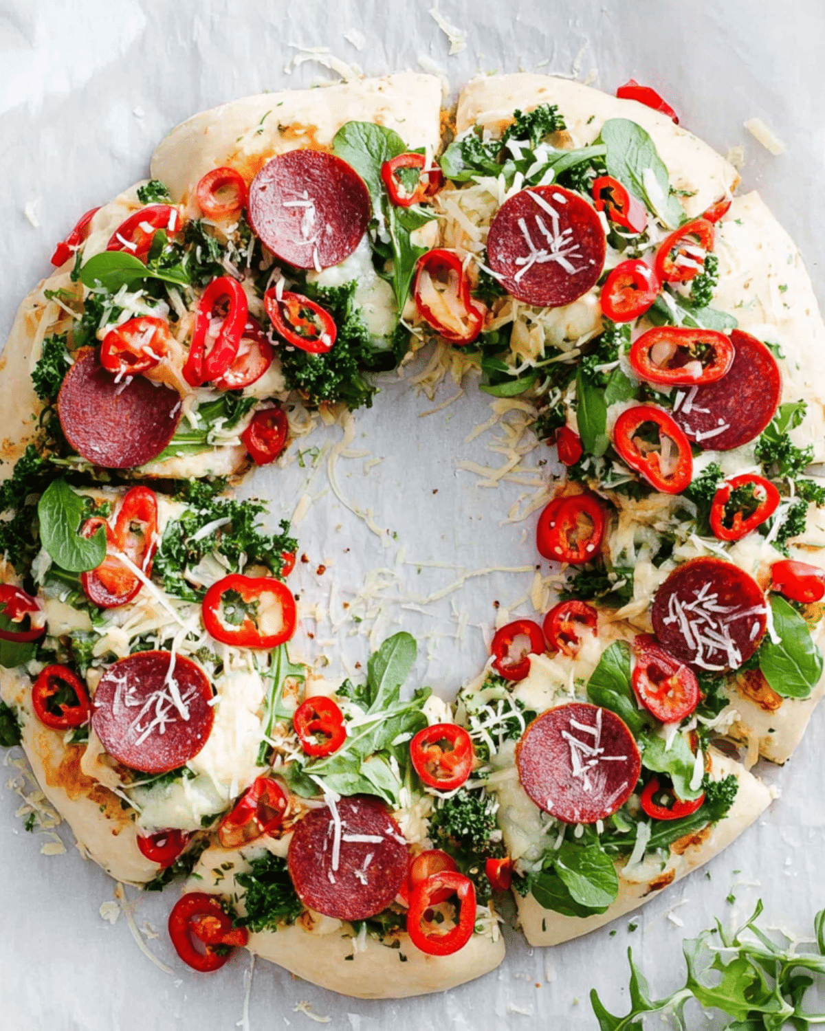 Holiday Wreath Pizza decorated with pepperoni, greens, red peppers, and shredded cheese in a festive circular shape.