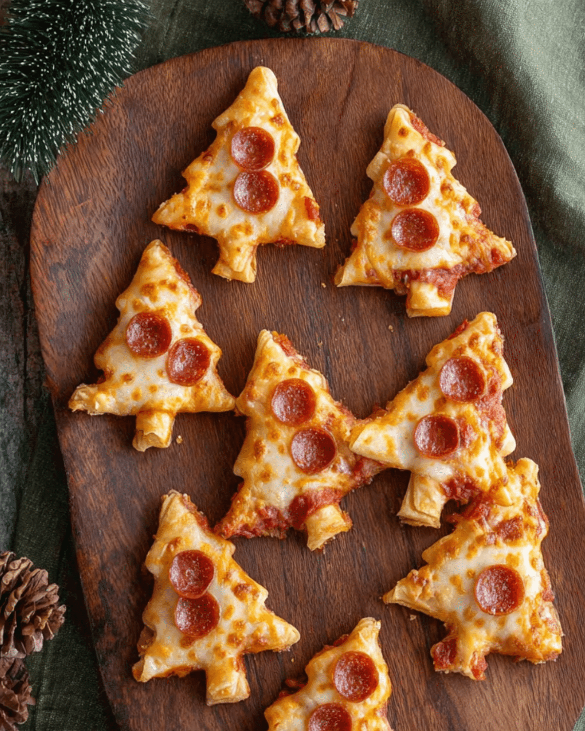Puff Pastry Christmas Tree Pizza Bites topped with melted cheese and mini pepperoni on a wooden serving board.