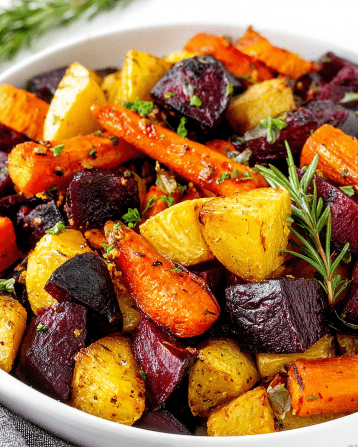 A bowl of colorful roast root vegetables including carrots, beets, and potatoes, garnished with herbs.