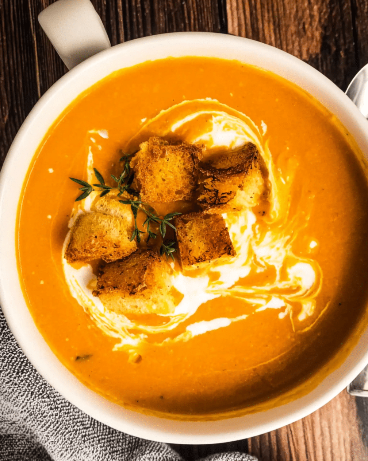 A bowl of roasted sweet potato soup swirled with cream, topped with croutons and thyme sprigs.
