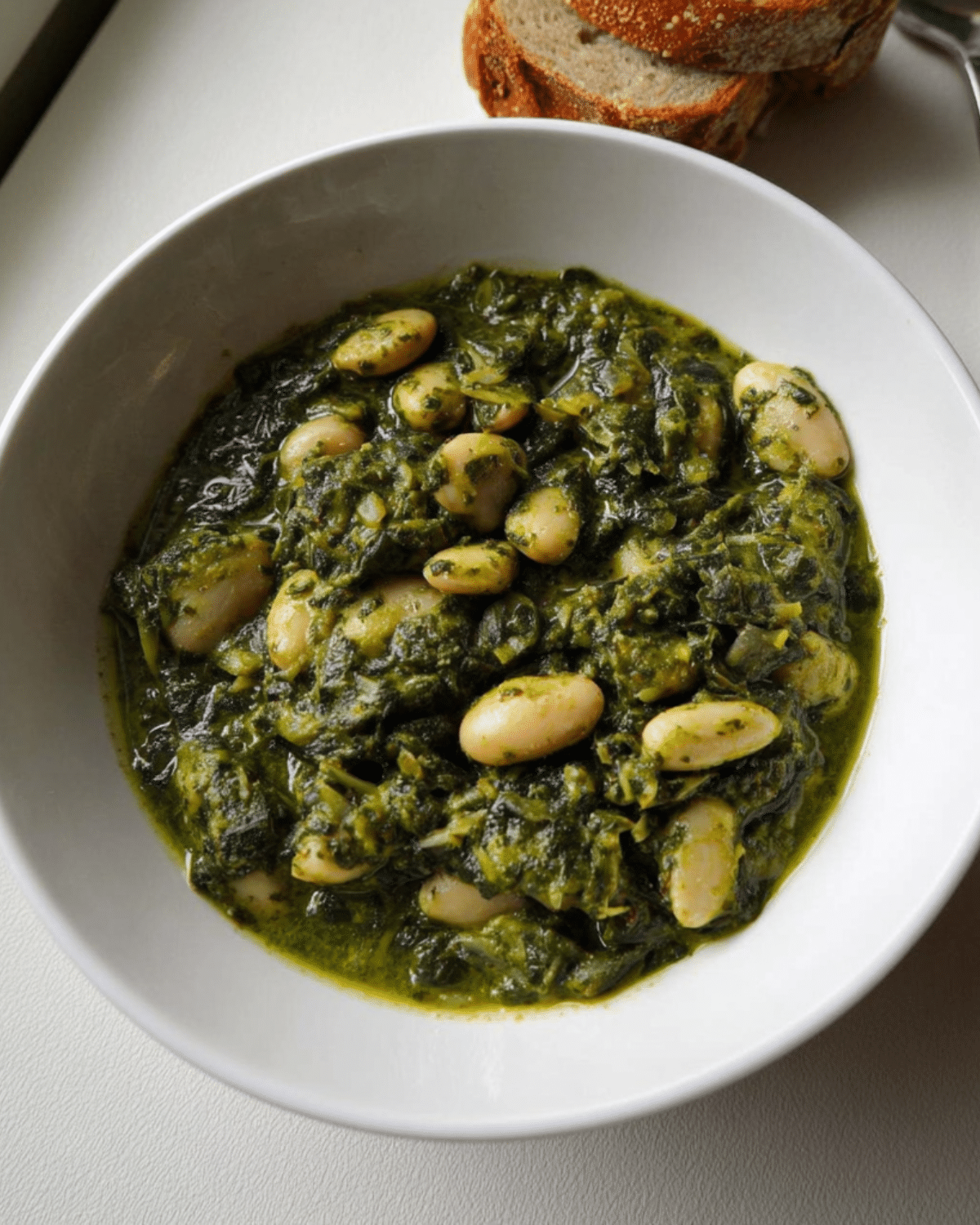 A bowl of saag butter beans featuring creamy white beans simmered in a rich, spiced spinach gravy, served with bread slices.