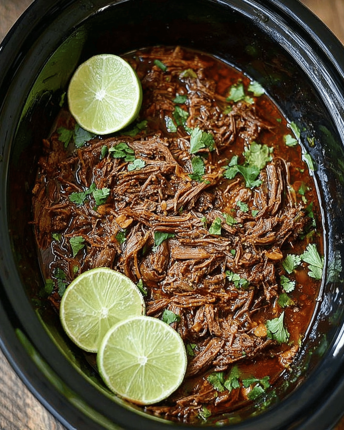 Slow cooker beef barbacoa in a black crockpot, garnished with fresh cilantro and lime slices.