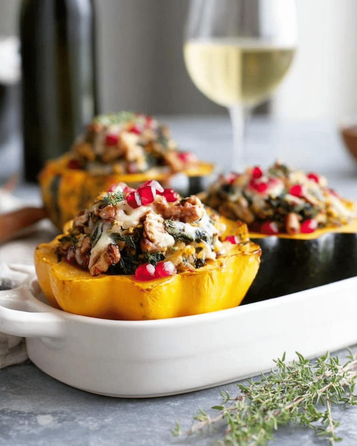 Stuffed winter squash halves filled with greens, cheese, nuts, and topped with pomegranate seeds in a white baking dish.