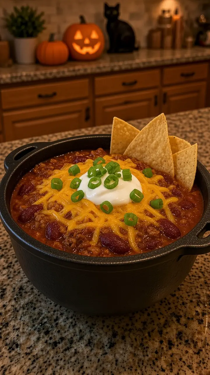 Bowl of crockpot Halloween chili in a black cauldron bowl with sour cream and tortilla chips