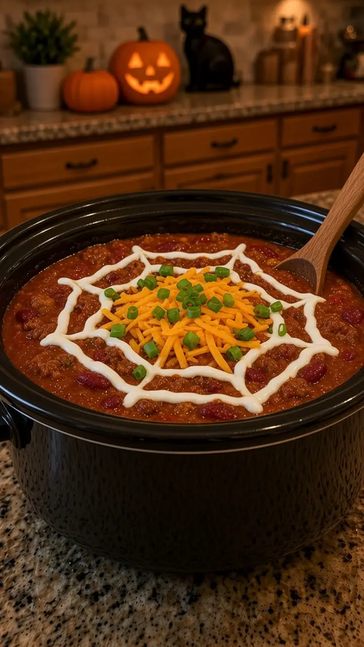 Crockpot Halloween chili in a slow cooker with a sour cream spider web, cheddar and green onions