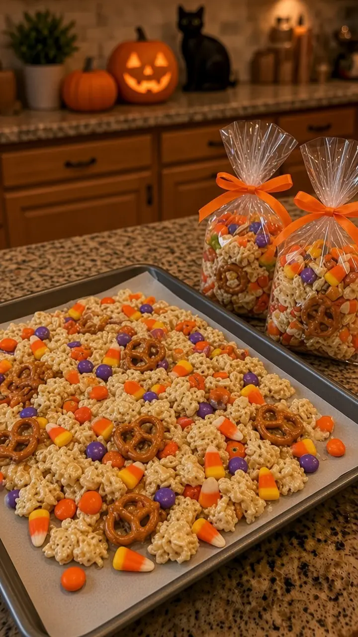 Halloween Chex mix spread on a baking sheet next to treat bags tied with orange ribbon