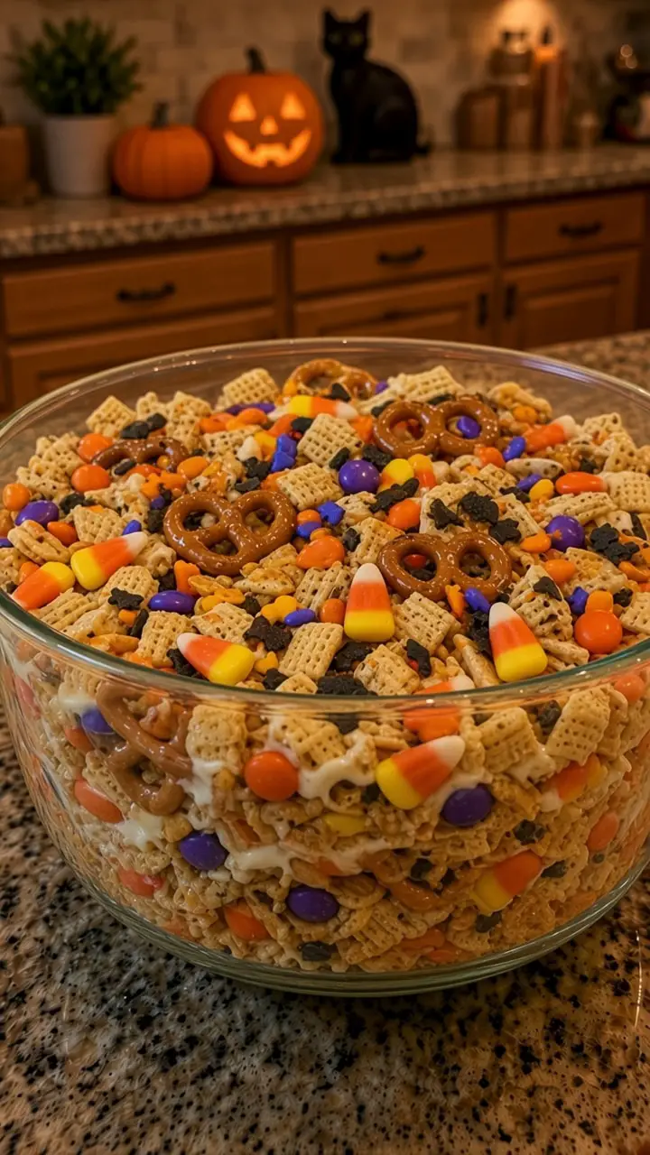 Halloween Chex mix with white chocolate, pretzels, candy corn and Halloween candies in a glass bowl