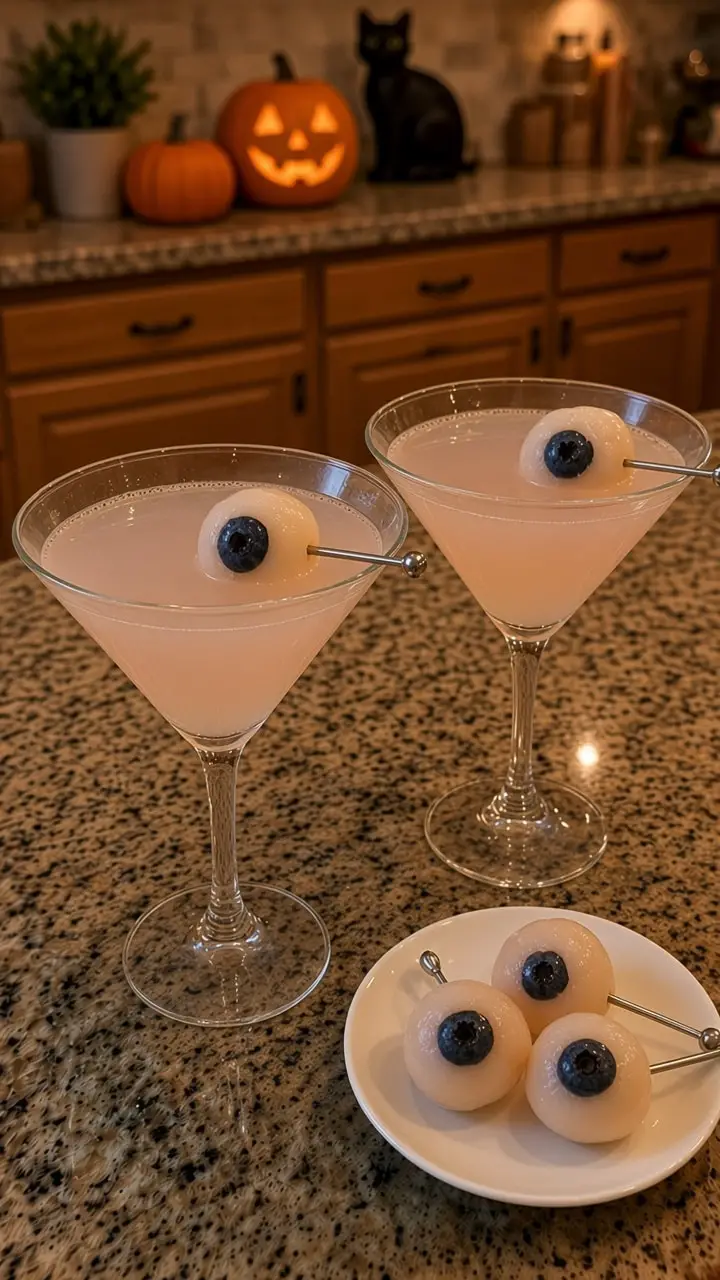 Two lychee eyeball martini glasses and a plate of lychee eyeballs on a granite counter