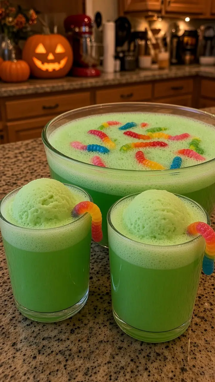 Two cups of witches brew punch topped with lime sherbet scoops and gummy worms