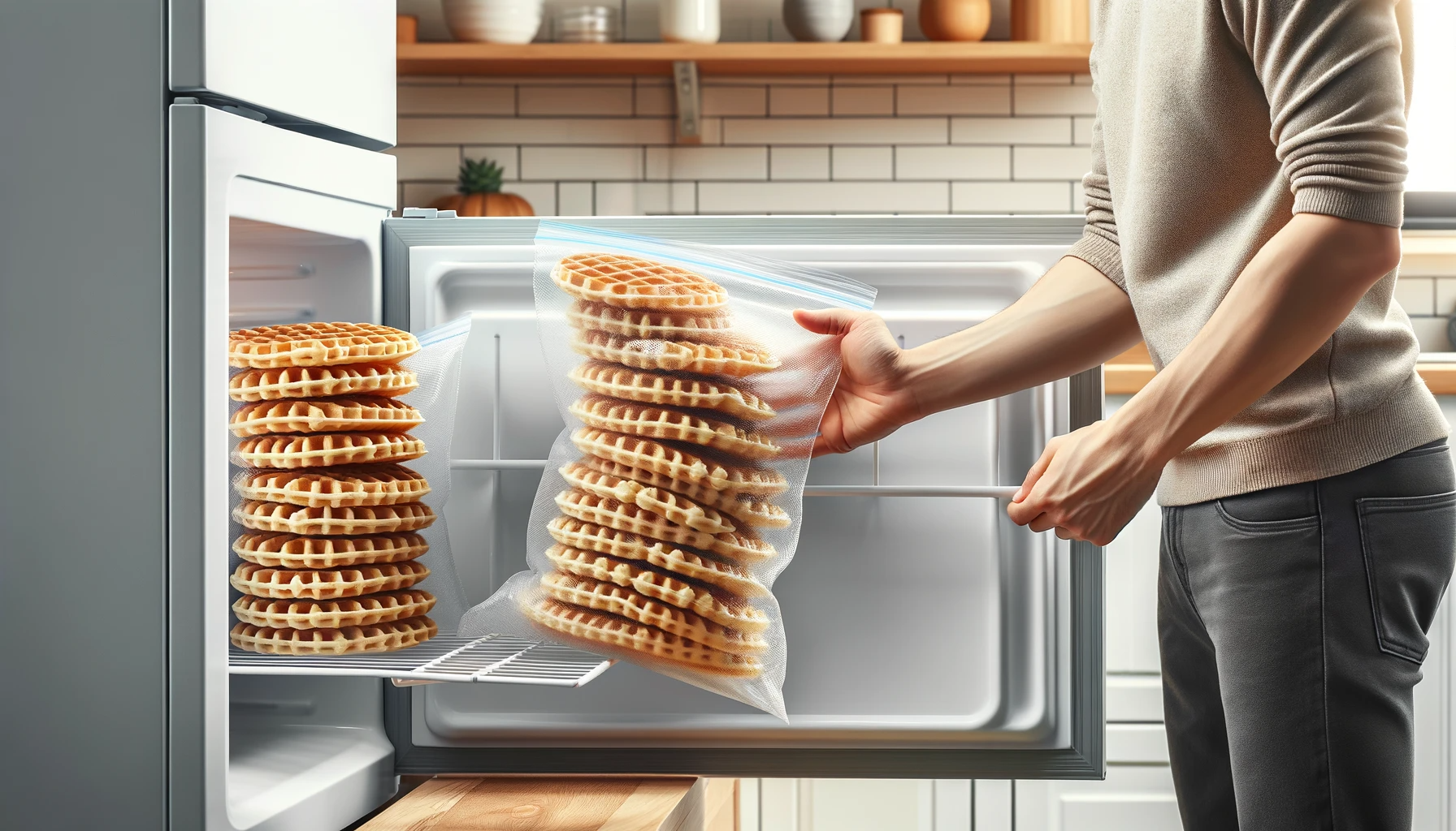 - A home kitchen scene depicting the process of freezing chaffles. The image shows a person placing a stack of chaffles, wrapped in clear freezer-safe