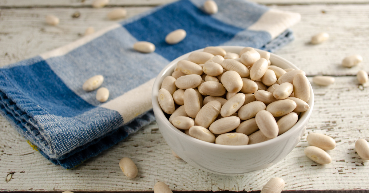 A bowl filled with white beans, a nutritious and versatile legume commonly used in various culinary dishes.