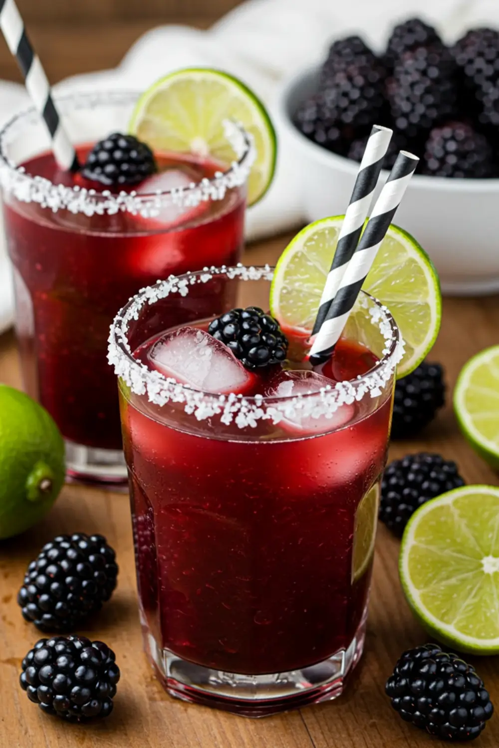 Refreshing blackberry margaritas in salt-rimmed glasses garnished with lime slices, blackberries, and striped straws.