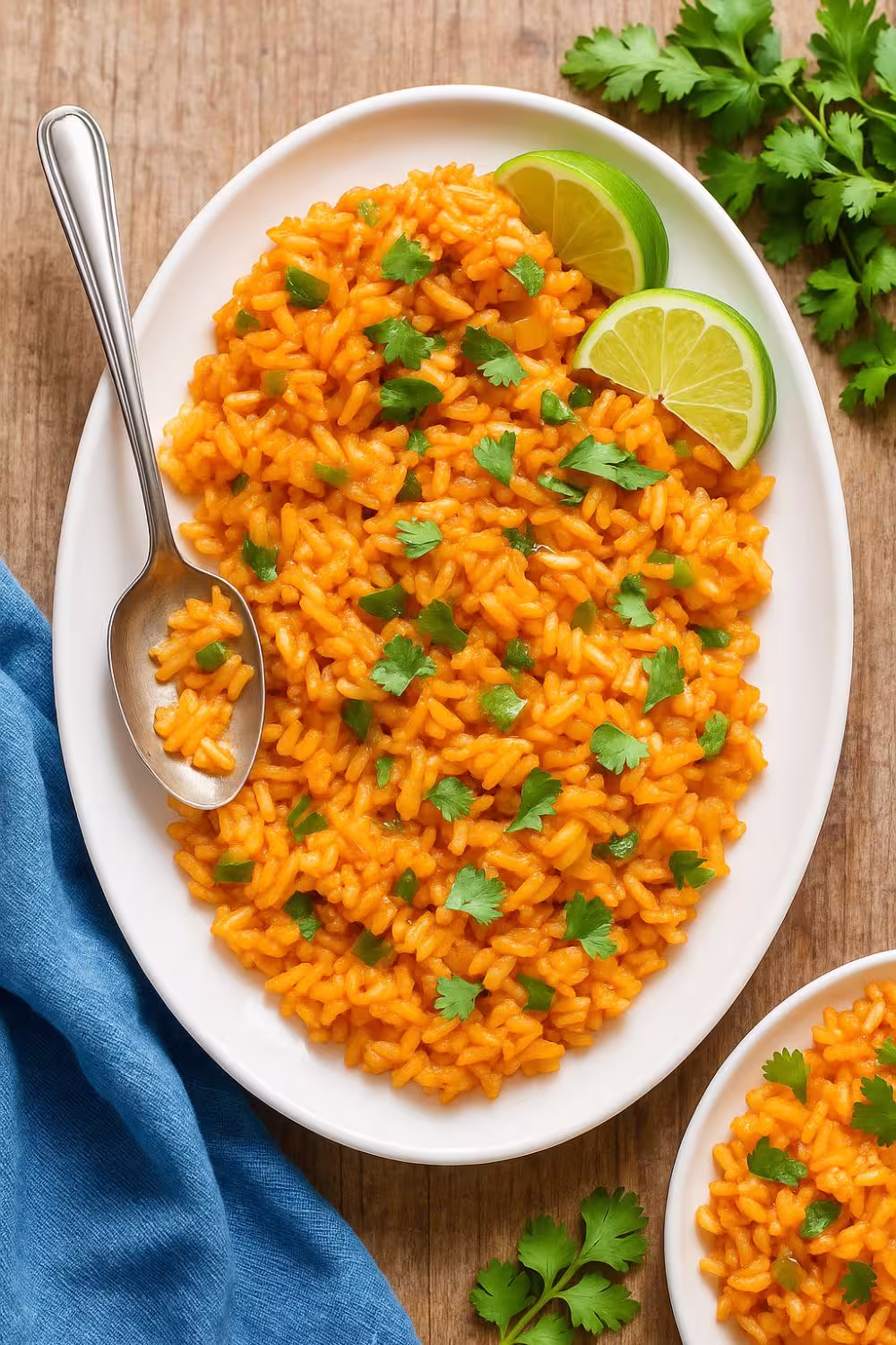 A vibrant plate of homemade Spanish rice garnished with fresh cilantro and lime wedges.