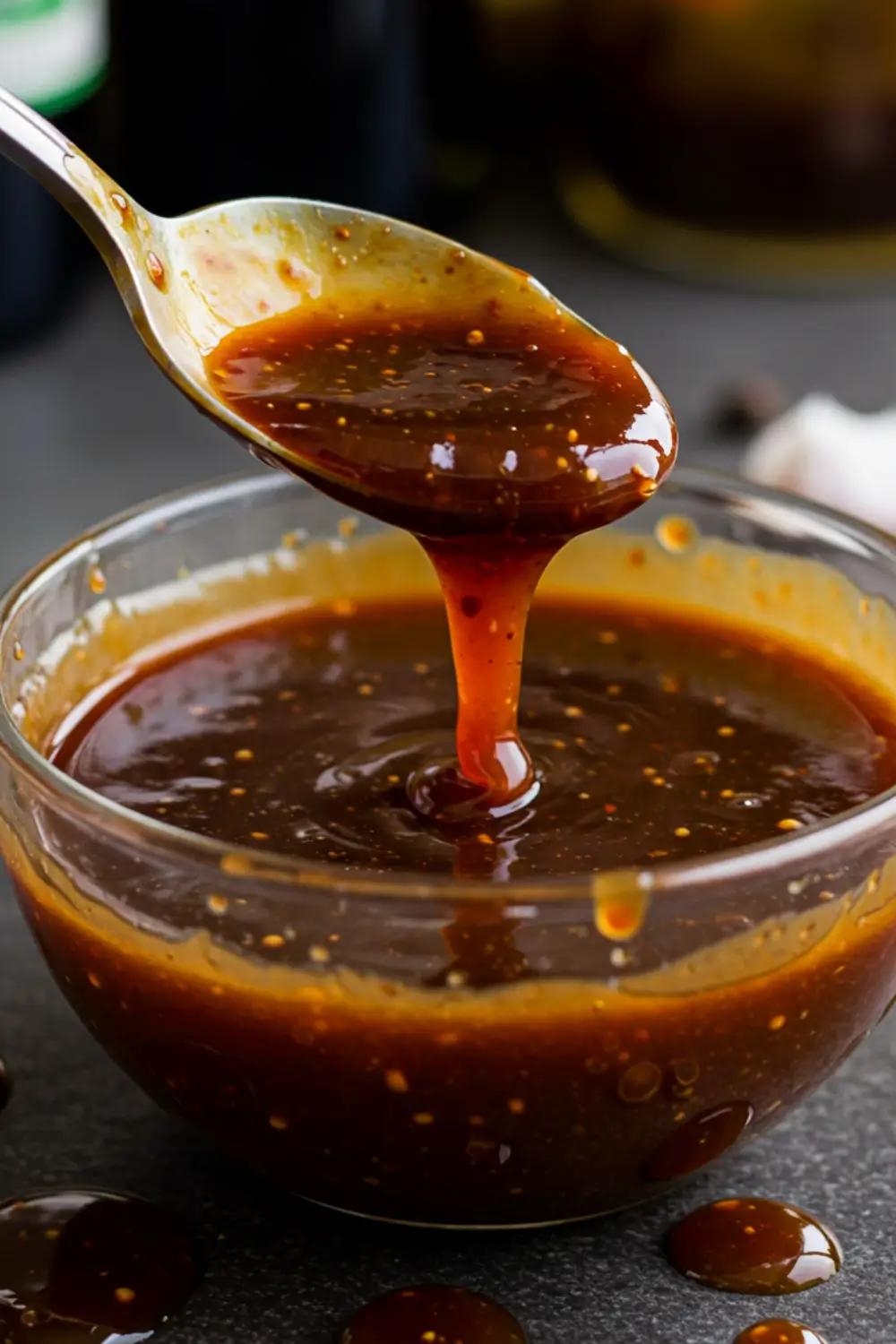 Thick homemade Worcestershire sauce dripping from a spoon into a glass bowl on a dark surface.