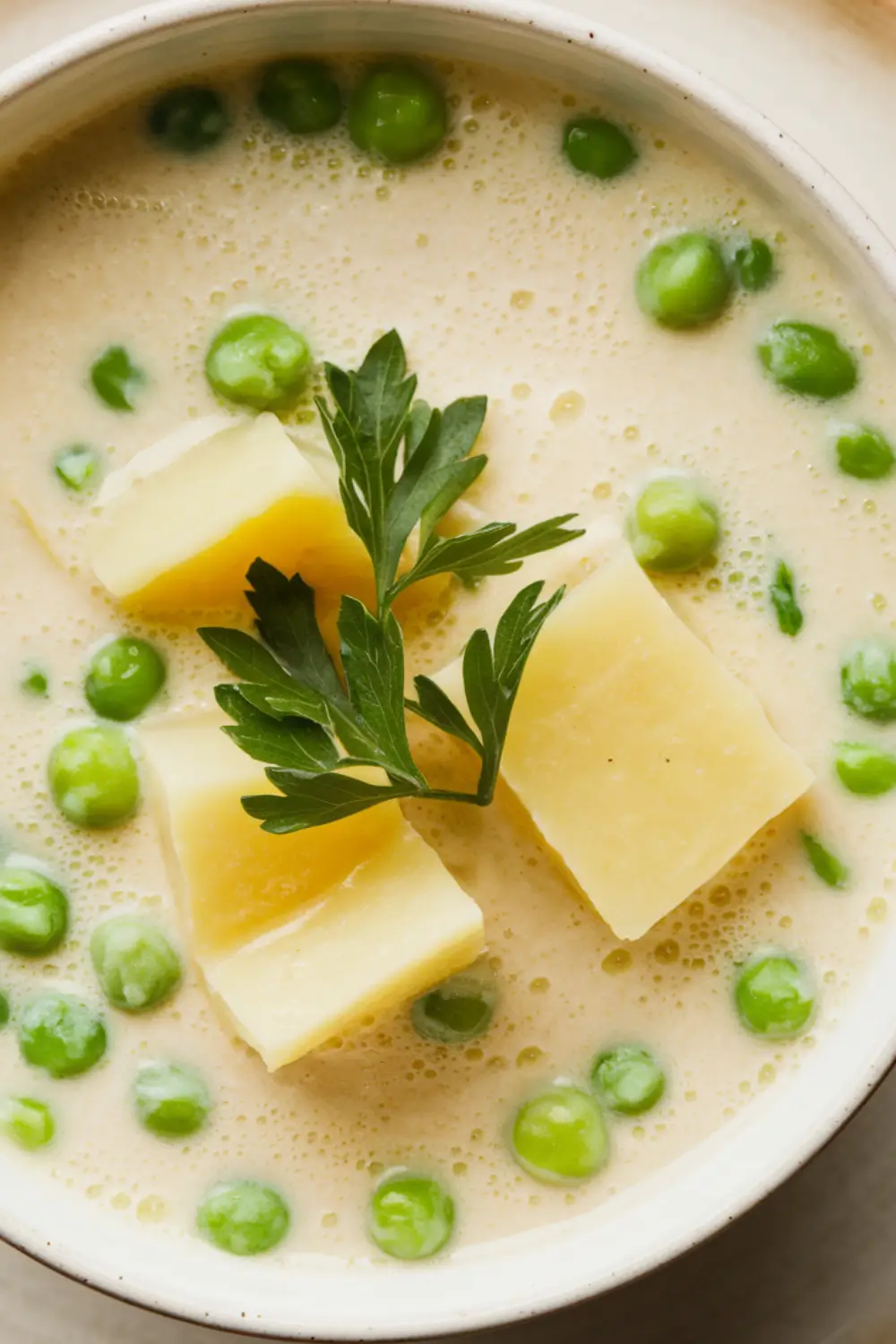 Creamy bowl of potatoes and green peas topped with fresh parsley.