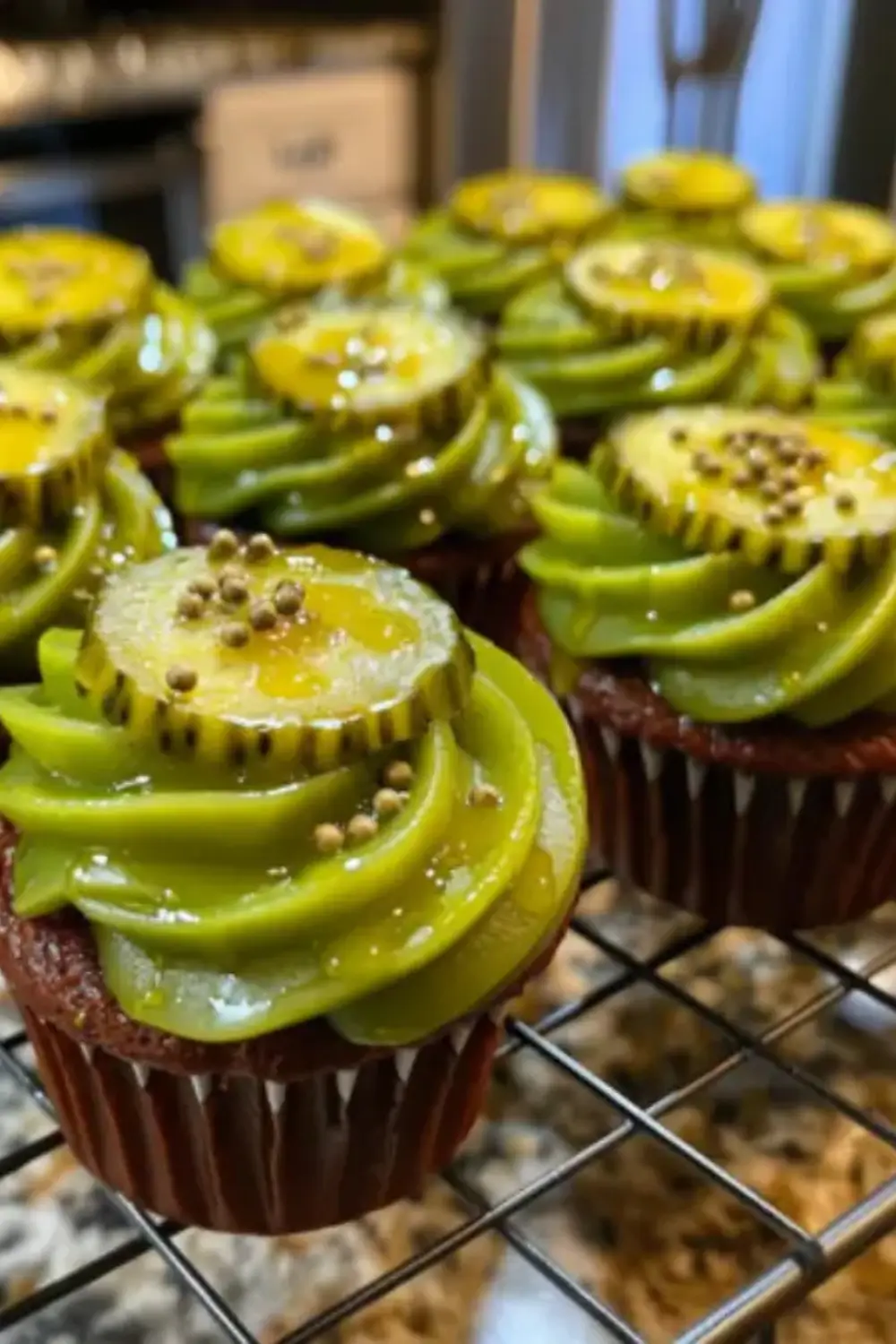 Unusual pickle cupcakes topped with green frosting and pickle slices, arranged on a cooling rack in a kitchen.