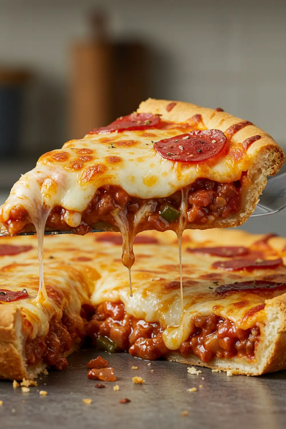 Cheesy pizza pot pie slice being lifted, filled with pepperoni, melted cheese, and savory meat sauce.