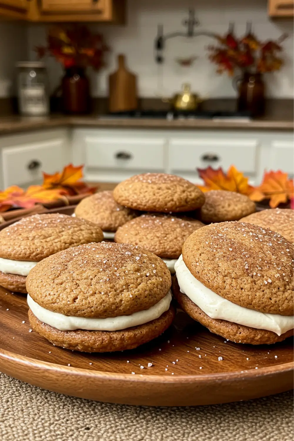 Apple cider whoopie pies with creamy filling and sugar-dusted tops served on a wooden plate.