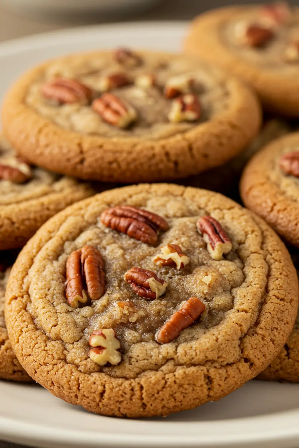Close-up of pecan pie cookies on a white plate, topped with toasted pecans and a gooey brown sugar filling.