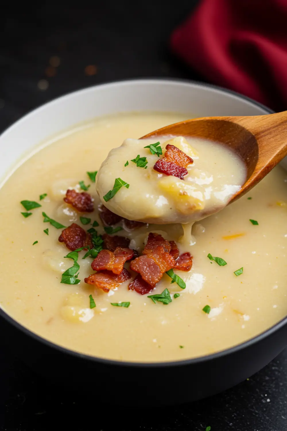 Creamy crock pot potato soup topped with crispy bacon and chopped parsley in a black bowl.