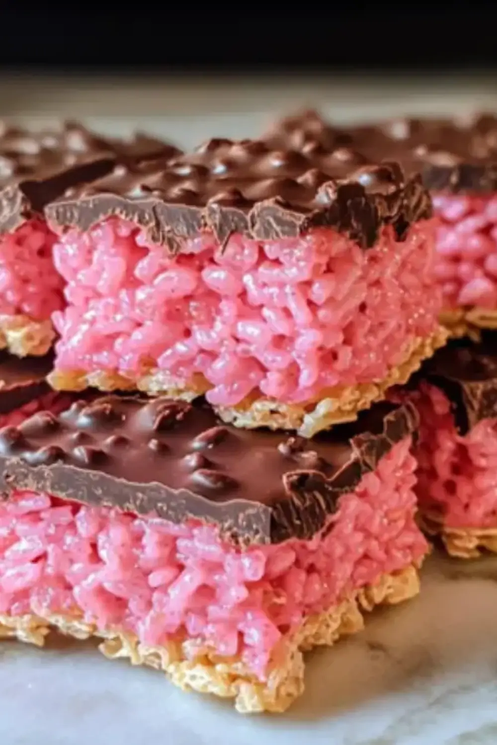 Layered chocolate-covered cherry Rice Krispies treats with a pink marshmallow center and chocolate topping.