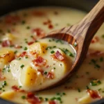 A steaming bowl of creamy Crock Pot Crack Potato Soup filled with chunks of tender potatoes, crispy bacon bits, and finely chopped green chives. The soup has a rich, velvety texture and is garnished with crumbled bacon and fresh chives for added flavor. A rustic wooden spoon is scooping up a portion, showcasing the hearty ingredients and delicious creaminess. Perfect for a cozy meal on a chilly day.