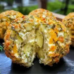 Close-up view of a Dill Pickle Cheese Ball on a dark slate plate, with fresh dill garnish on the side. The cheese ball is packed with chunks of dill pickles, cheddar cheese, and herbs, showcasing a creamy and savory texture. The center reveals a soft cheese filling with visible pickle slices and shredded cheese, all coated in a crust of herbs and cheese for added flavor and visual appeal. Additional cheese balls are visible in the background, giving a sense of depth and presentation.