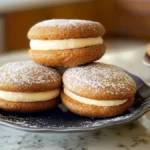 Apple Cider Whoopie Pies plate of freshly baked Apple Cider Whoopie Pies, featuring two soft, spiced apple cider cookies sandwiched with a creamy filling. The pies are dusted with powdered sugar, adding a touch of sweetness and a festive appearance. The background showcases more whoopie pies on another plate, hinting at a cozy, autumn-inspired treat perfect for sharing.