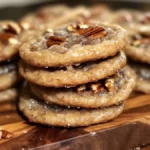 A stack of soft and chewy pecan pie cookies is arranged on a wooden board. The cookies are topped with a sugary glaze and crunchy pecan pieces, giving them a sweet, caramelized look. The cookies appear golden-brown, with a slight shine from the glaze. Around the stack, other cookies are scattered, showing off their similar delicious texture and pecan garnish.