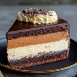A slice of cream cheese-infused cake with chocolate and vanilla layers. On top is a chocolate glaze LAYER ONE , and the middle layer has a white- CHEESE CREAM VANILLA LAYER TWO ,AND THE BOTTOM CHCOLATE CAKE LAYER