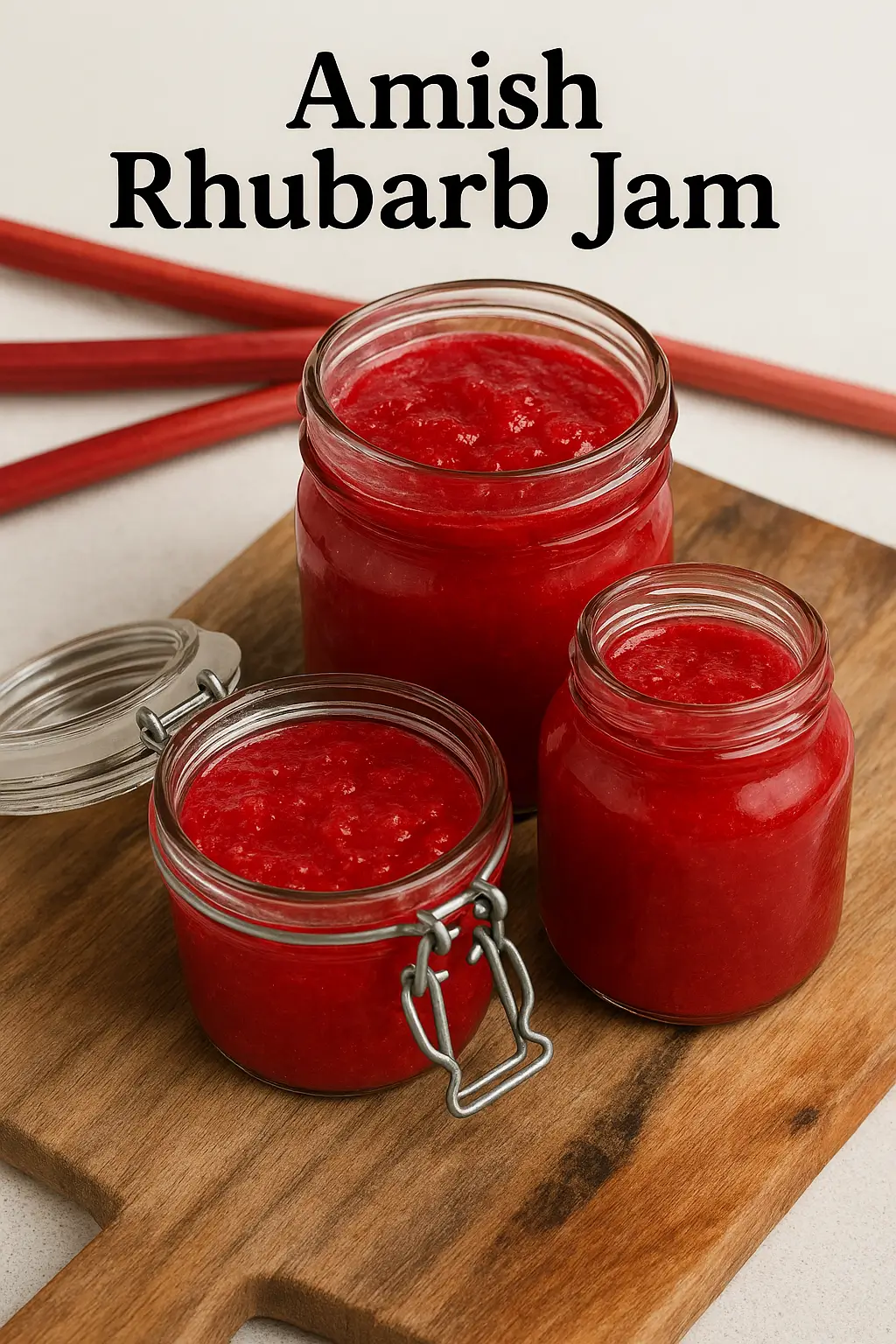 Three glass jars filled with vibrant homemade Amish rhubarb jam, displayed on a wooden board with rhubarb stalks in the background.