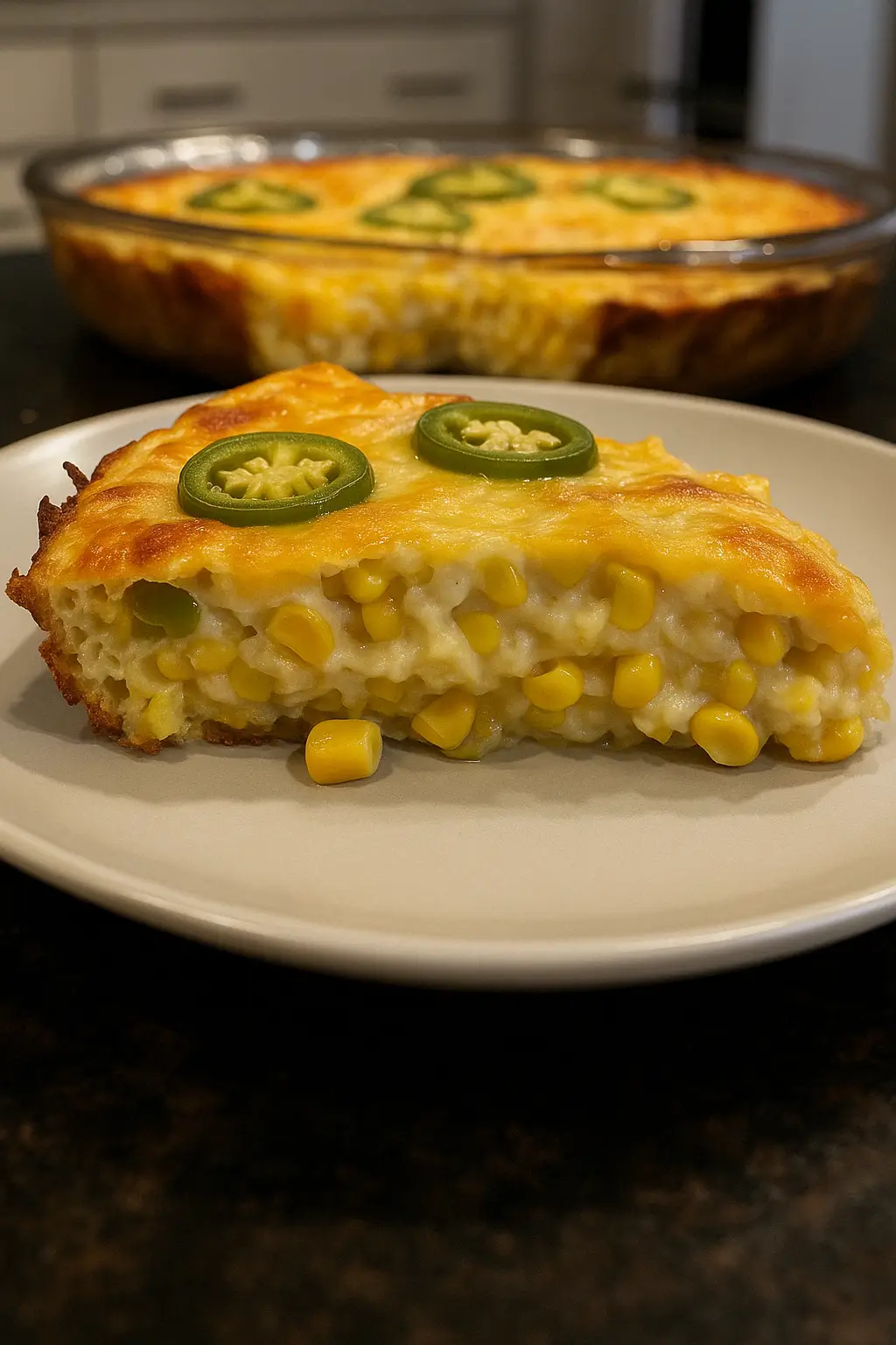 A thick slice of cheesy jalapeño corn bake on a plate, topped with fresh jalapeño slices and filled with whole golden corn kernels in a creamy cheese sauce.