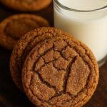 Close-up of two gingerdoodle cookies sprinkled with sugar, placed next to a glass of milk.