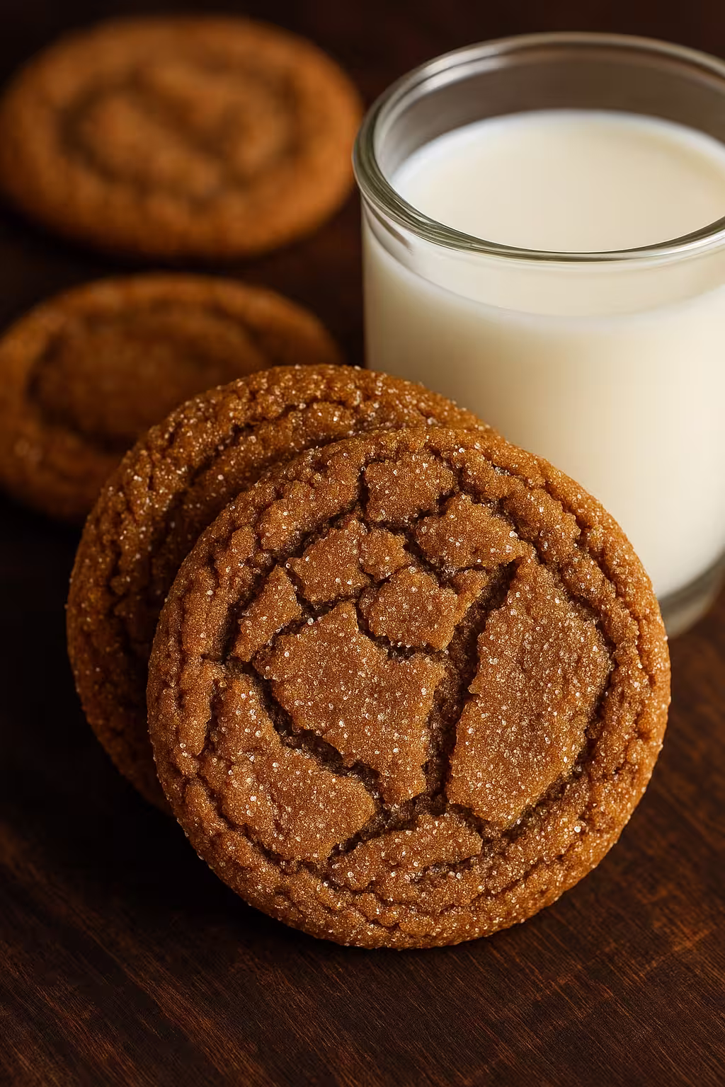 Close-up of two gingerdoodle cookies sprinkled with sugar, placed next to a glass of milk.