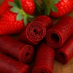 Bright red homemade fruit roll-ups rolled neatly on a wooden surface with fresh strawberries in the background.
