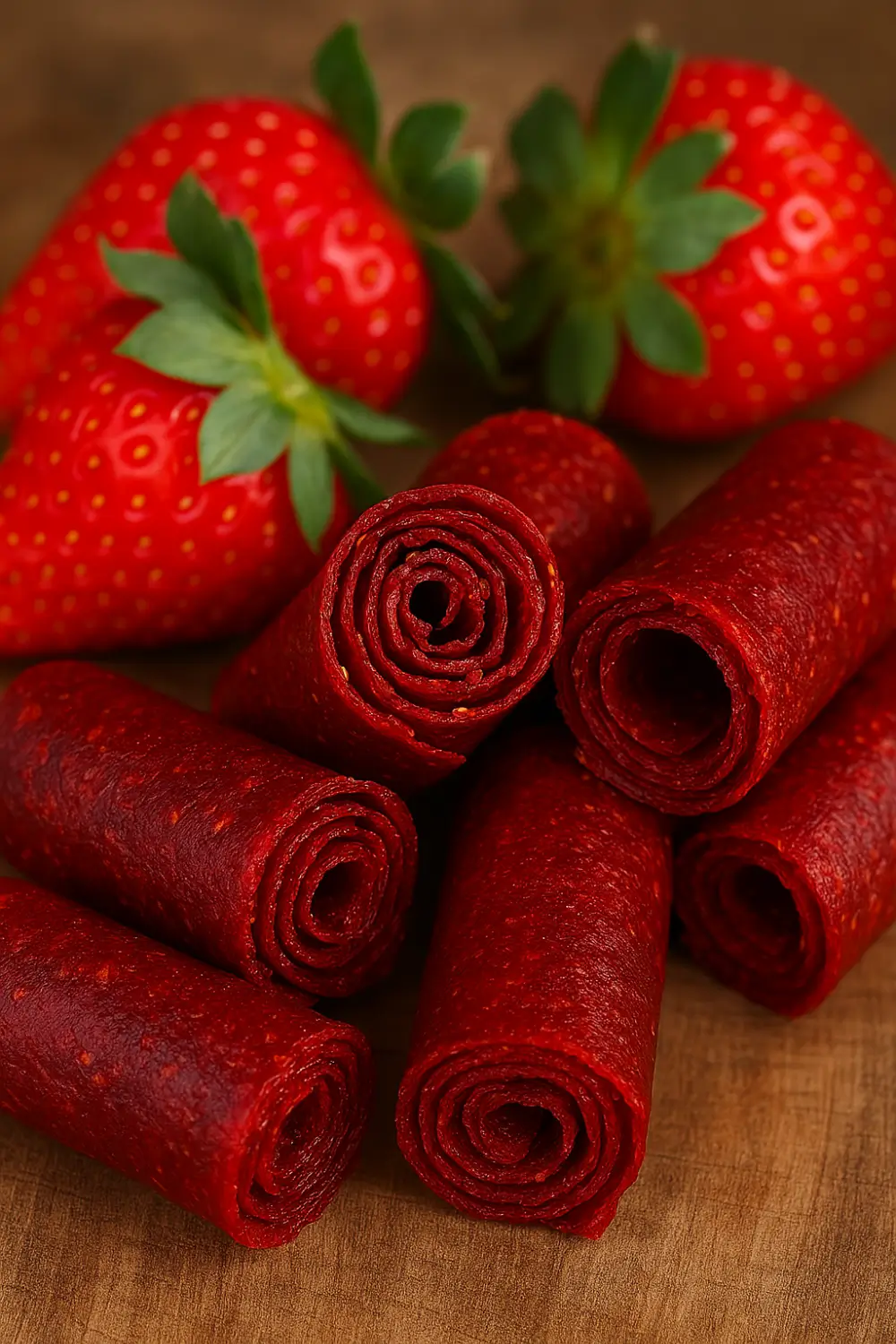 Bright red homemade fruit roll-ups rolled neatly on a wooden surface with fresh strawberries in the background.