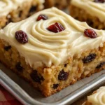 Moist oatmeal raisin cookie bars topped with swirled cream cheese frosting and garnished with raisins on a baking sheet.