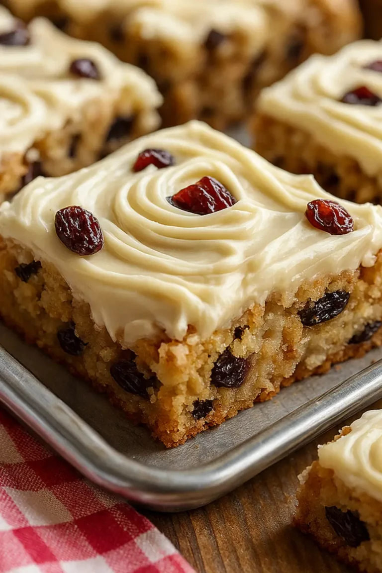 Moist oatmeal raisin cookie bars topped with swirled cream cheese frosting and garnished with raisins on a baking sheet.