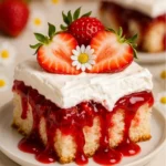 Slice of strawberry shortcake poke cake topped with whipped cream, strawberry sauce, fresh strawberries, and a small white flower.