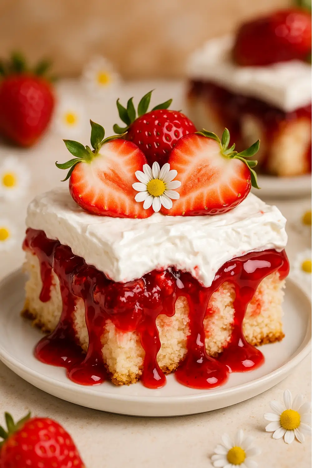 Slice of strawberry shortcake poke cake topped with whipped cream, strawberry sauce, fresh strawberries, and a small white flower.