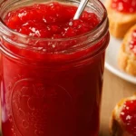 Jar of homemade Amish rhubarb jam with spoon inside, surrounded by slices of bread topped with jam.