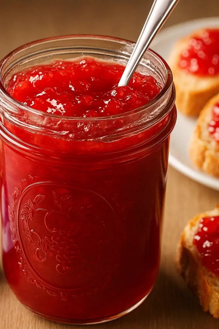 Jar of homemade Amish rhubarb jam with spoon inside, surrounded by slices of bread topped with jam.